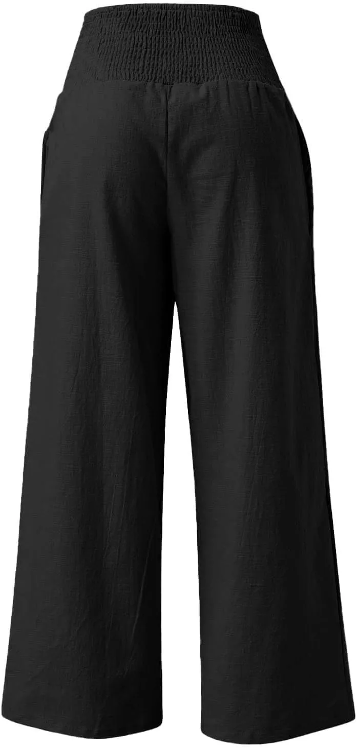 NBXNZWF Women Cotton Linen Pants Tummy Control Smocked High Waisted Wide Leg Casual Trousers Summer Lounge Pants with Pocket