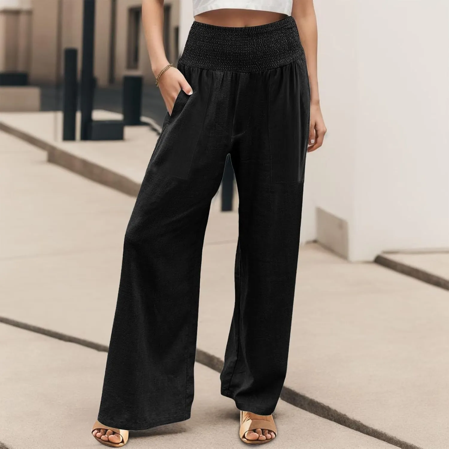 NBXNZWF Women Cotton Linen Pants Tummy Control Smocked High Waisted Wide Leg Casual Trousers Summer Lounge Pants with Pocket