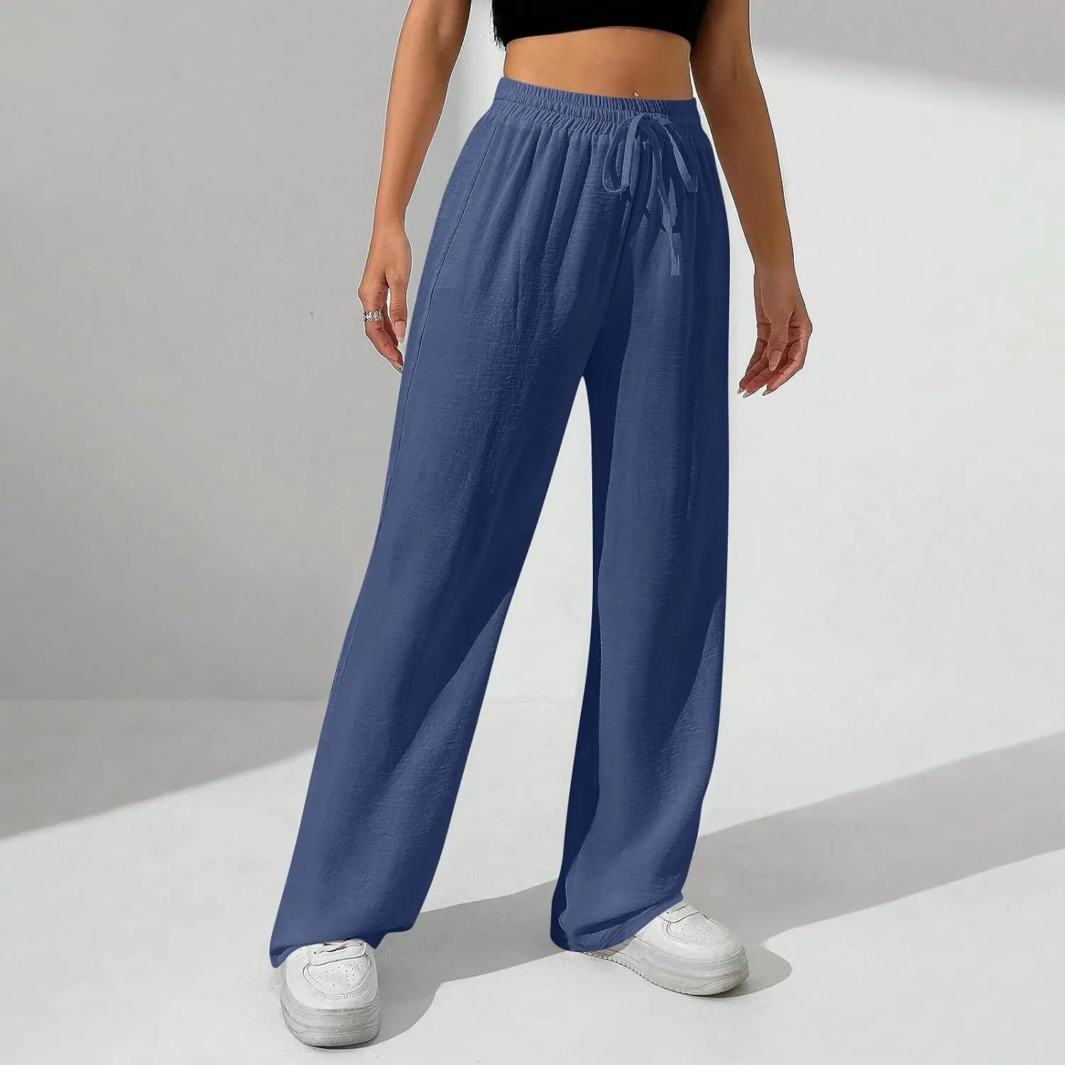 NBXNZWF Women's Cotton-Linen Pants Wide Leg Drawstring High Waist Casual Trousers Lounge Pant with Pockets Beach Outfits