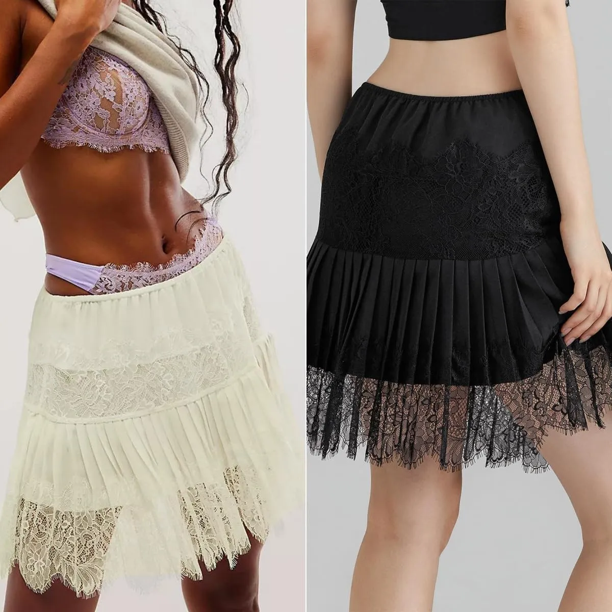 niyokki Women's Y2k Vintage Skirts Lace Slip Skirt Pleated Ruffle Floral Lace Tiered Short Mini Underskirt