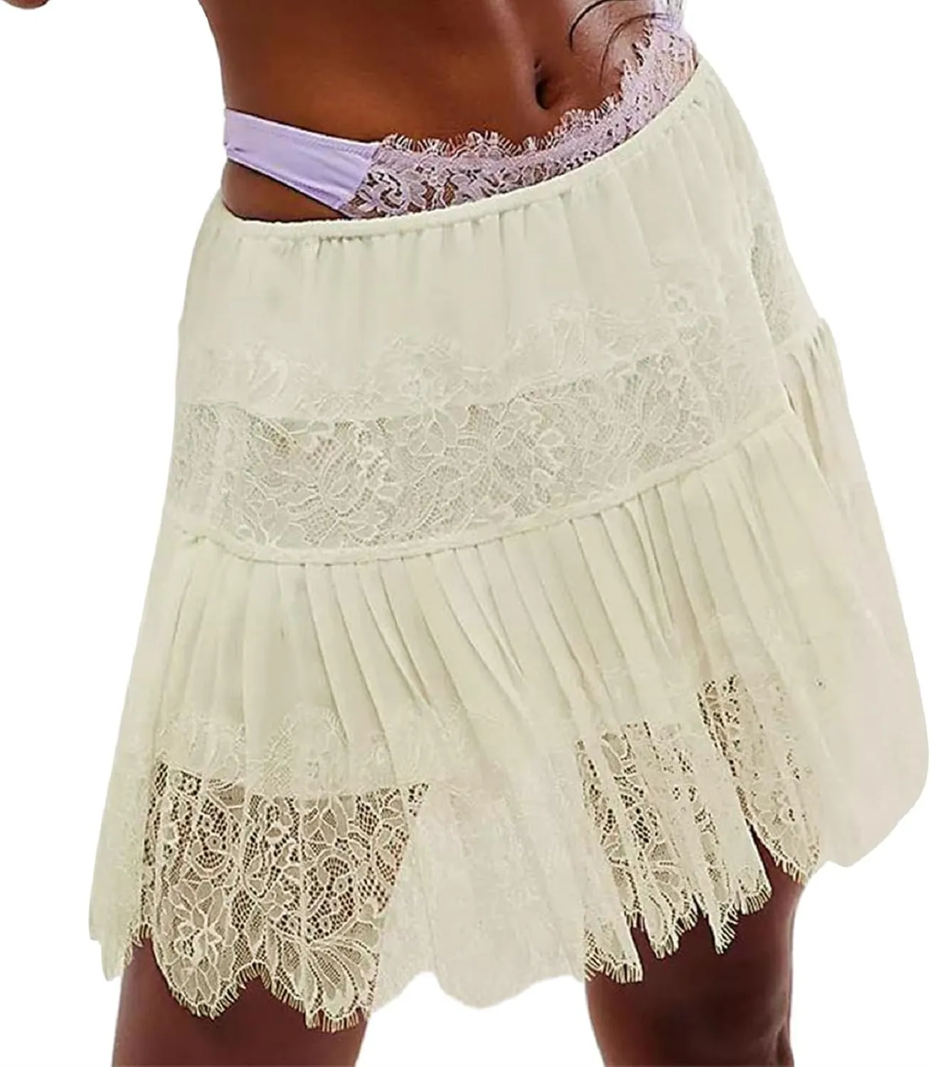 niyokki Women's Y2k Vintage Skirts Lace Slip Skirt Pleated Ruffle Floral Lace Tiered Short Mini Underskirt