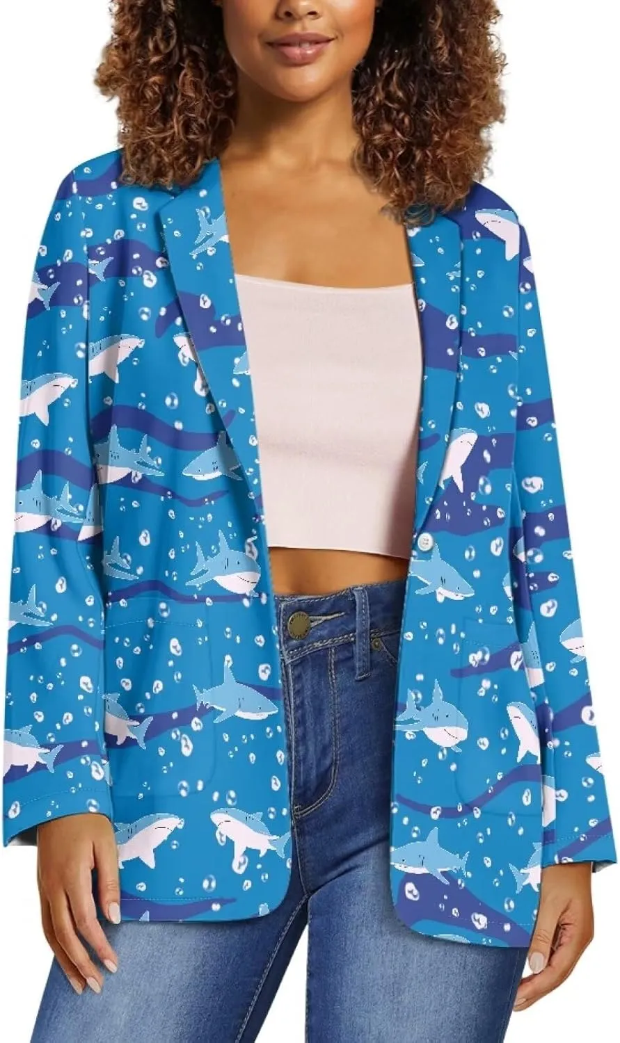 Novelty Women's Casual Blazers Long Sleeve Open Front Button Work Offic Blazer Jackets with Pockets
