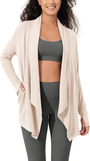 ODODOS Women's Drape Open Front Cardigans Cozy Soft Long Sleeve Casual Wrap Outerwear with Pockets Thumb Hole