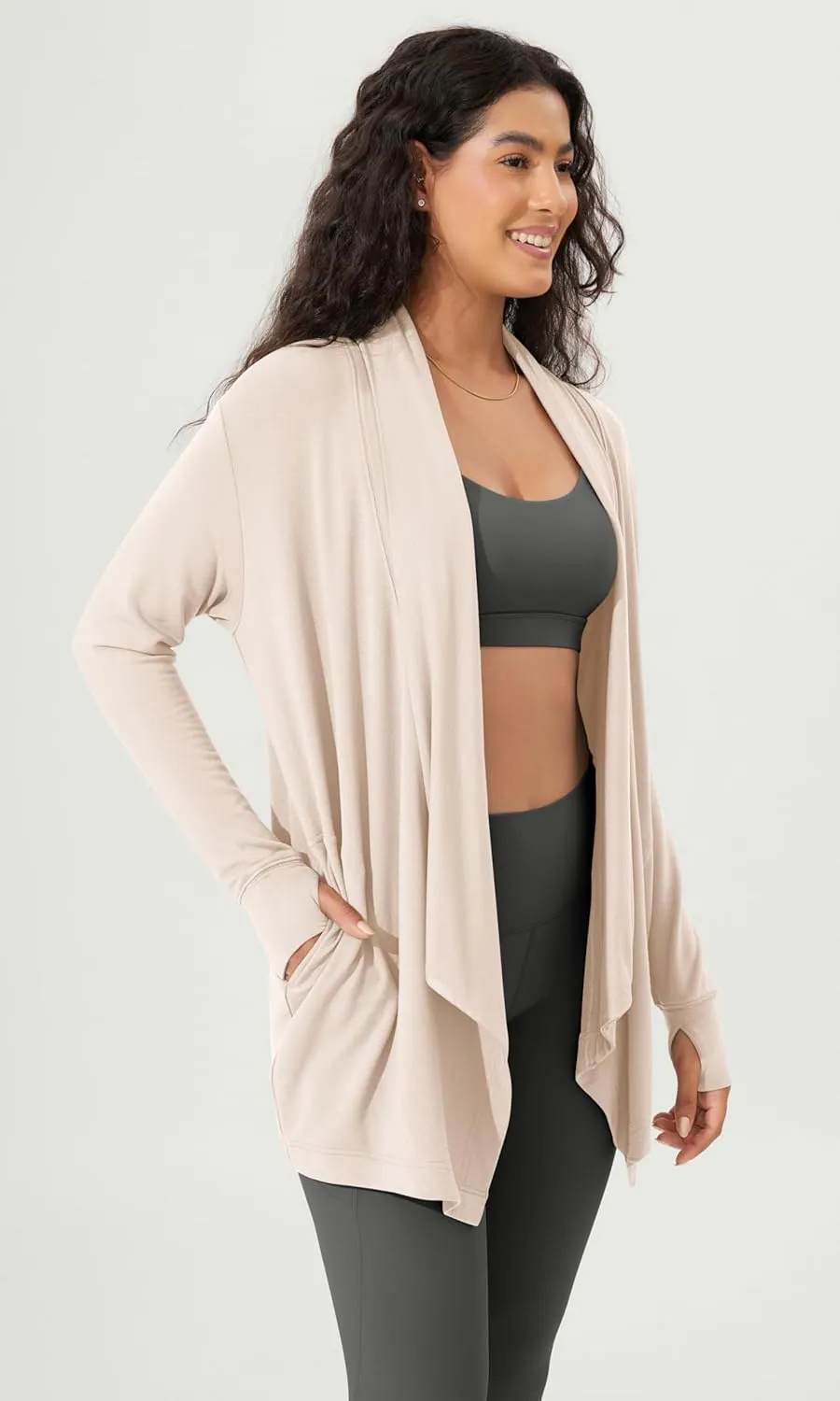 ODODOS Women's Drape Open Front Cardigans Cozy Soft Long Sleeve Casual Wrap Outerwear with Pockets Thumb Hole