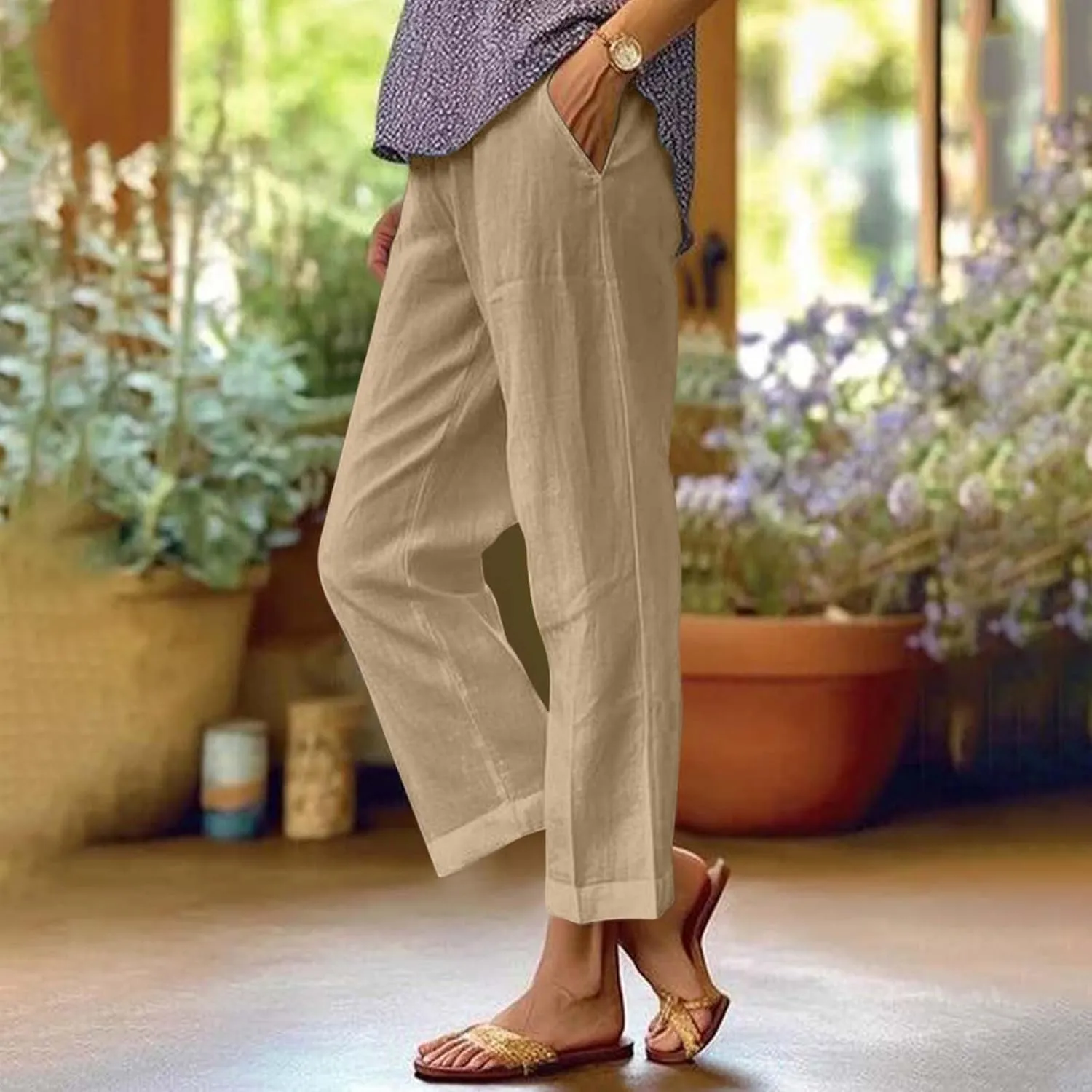 Petite Straight Leg Pants for Women Linen Summer Drawstrings High Waist Trousers with Pockets Lightweight Cropped