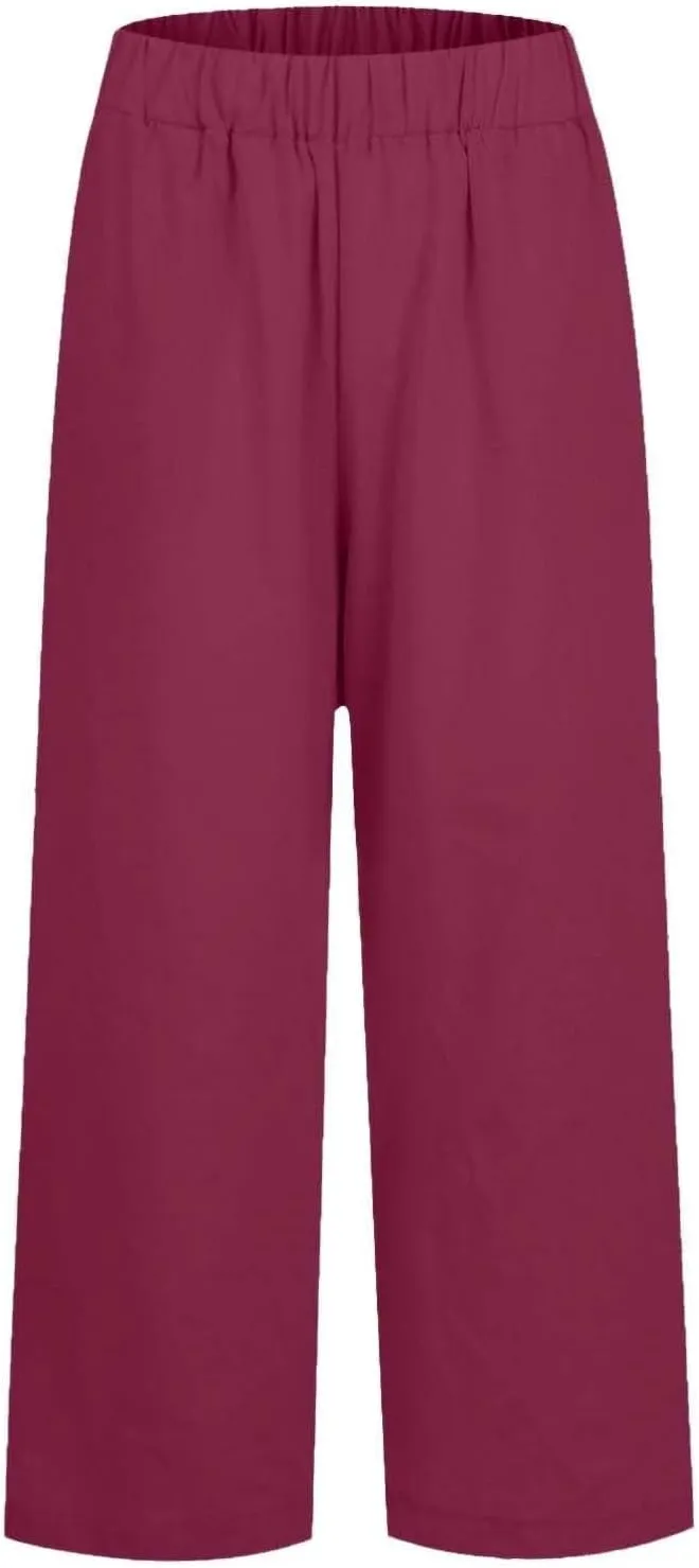 Petite Straight Leg Pants for Women Linen Summer Drawstrings High Waist Trousers with Pockets Lightweight Cropped