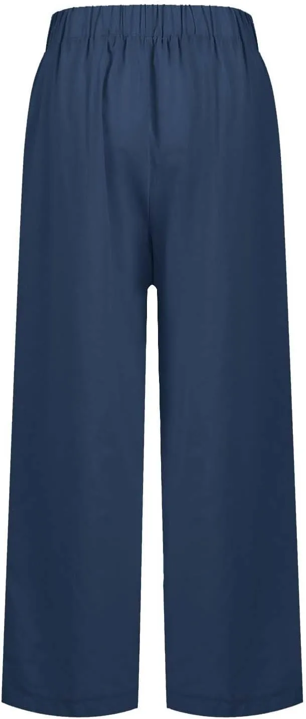 Petite Straight Leg Pants for Women Linen Summer Drawstrings High Waist Trousers with Pockets Lightweight Cropped
