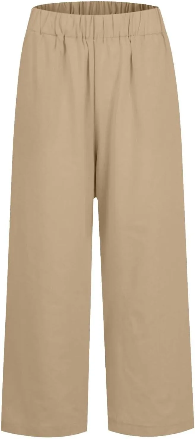 Petite Straight Leg Pants for Women Linen Summer Drawstrings High Waist Trousers with Pockets Lightweight Cropped