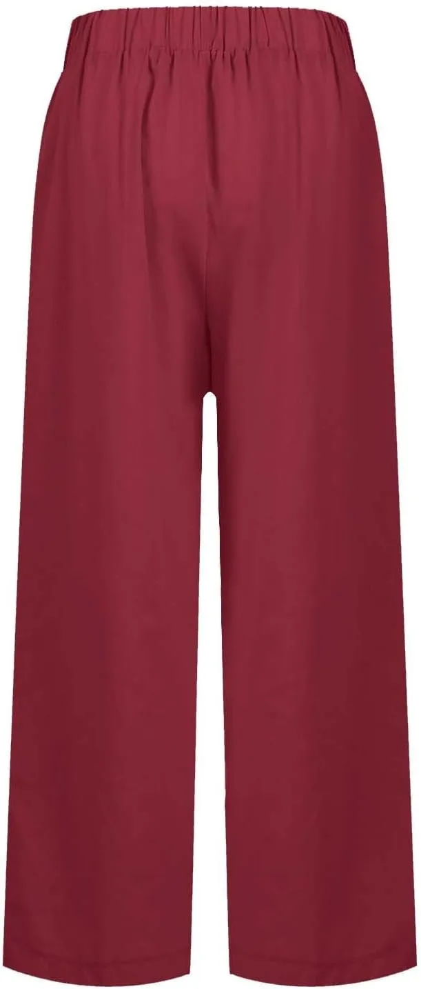 Petite Straight Leg Pants for Women Linen Summer Drawstrings High Waist Trousers with Pockets Lightweight Cropped