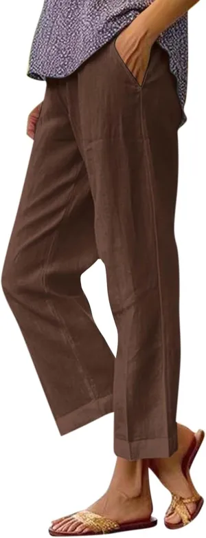 Petite Straight Leg Pants for Women Linen Summer Drawstrings High Waist Trousers with Pockets Lightweight Cropped