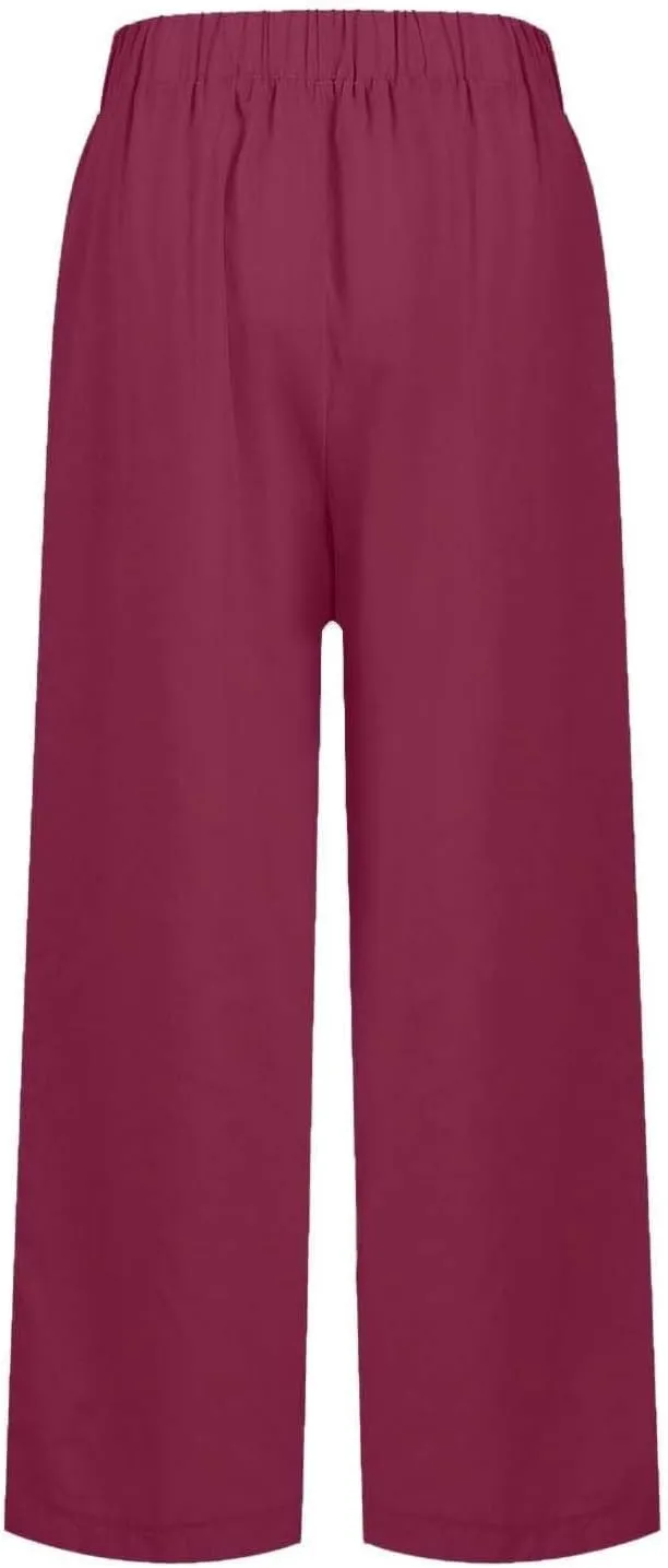Petite Straight Leg Pants for Women Linen Summer Drawstrings High Waist Trousers with Pockets Lightweight Cropped