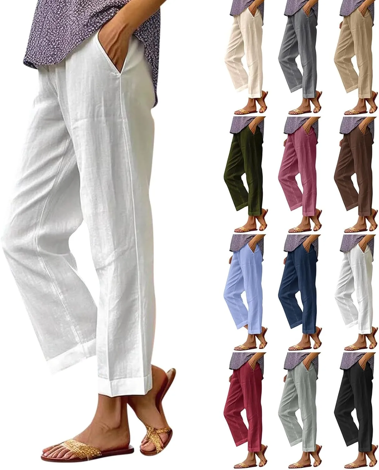 Petite Straight Leg Pants for Women Linen Summer Drawstrings High Waist Trousers with Pockets Lightweight Cropped