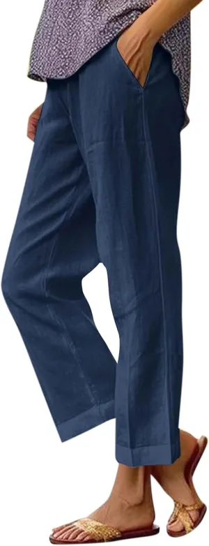 Petite Straight Leg Pants for Women Linen Summer Drawstrings High Waist Trousers with Pockets Lightweight Cropped