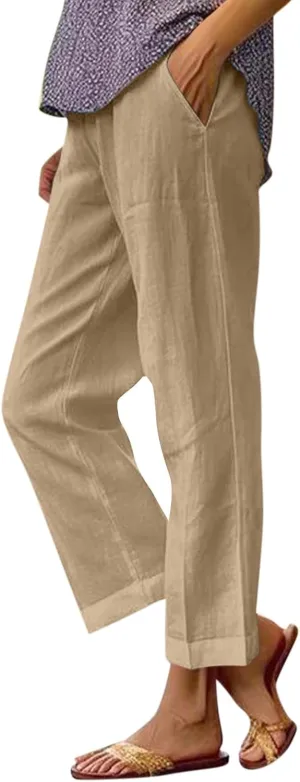 Petite Straight Leg Pants for Women Linen Summer Drawstrings High Waist Trousers with Pockets Lightweight Cropped