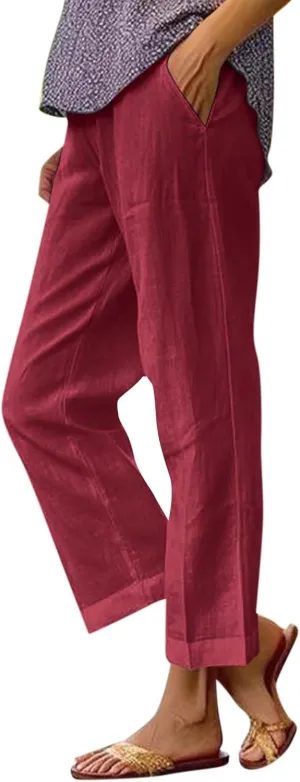 Petite Straight Leg Pants for Women Linen Summer Drawstrings High Waist Trousers with Pockets Lightweight Cropped