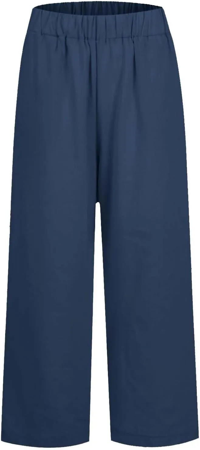 Petite Straight Leg Pants for Women Linen Summer Drawstrings High Waist Trousers with Pockets Lightweight Cropped
