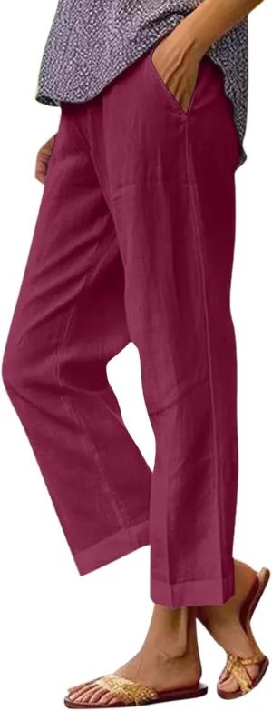 Petite Straight Leg Pants for Women Linen Summer Drawstrings High Waist Trousers with Pockets Lightweight Cropped