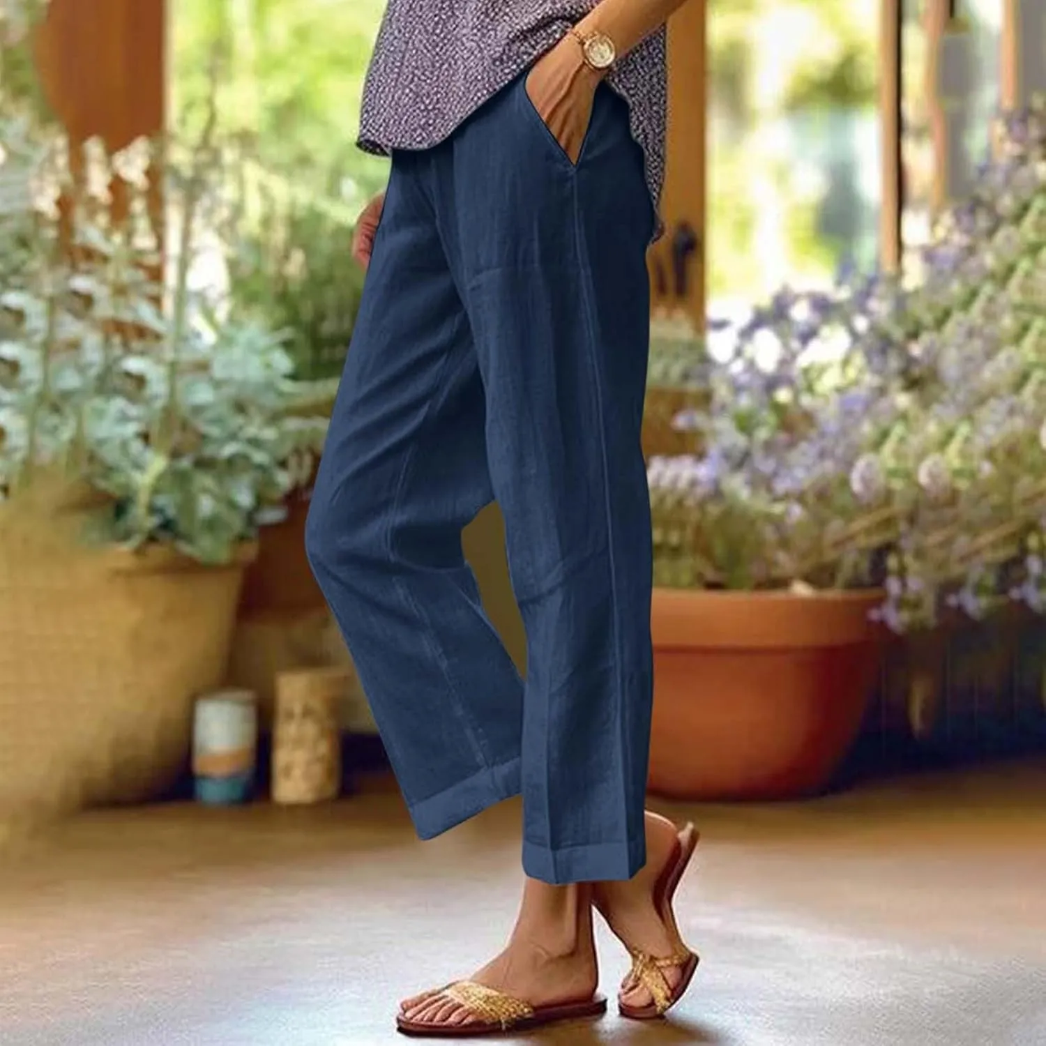 Petite Straight Leg Pants for Women Linen Summer Drawstrings High Waist Trousers with Pockets Lightweight Cropped