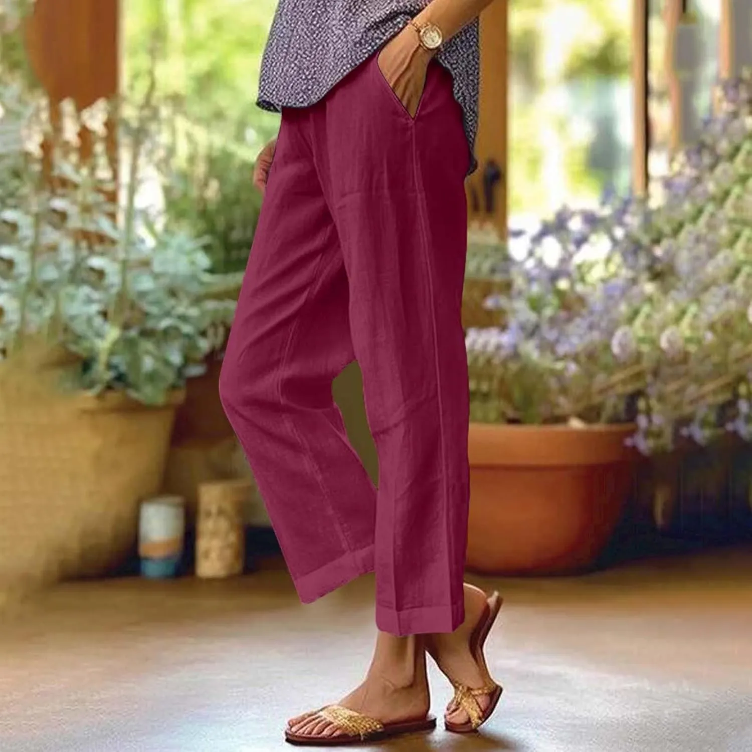 Petite Straight Leg Pants for Women Linen Summer Drawstrings High Waist Trousers with Pockets Lightweight Cropped