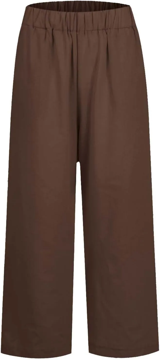 Petite Straight Leg Pants for Women Linen Summer Drawstrings High Waist Trousers with Pockets Lightweight Cropped