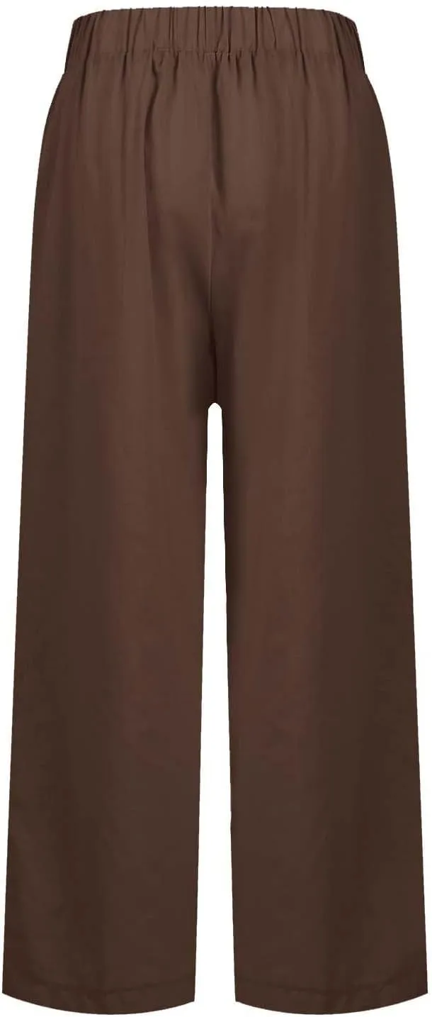Petite Straight Leg Pants for Women Linen Summer Drawstrings High Waist Trousers with Pockets Lightweight Cropped