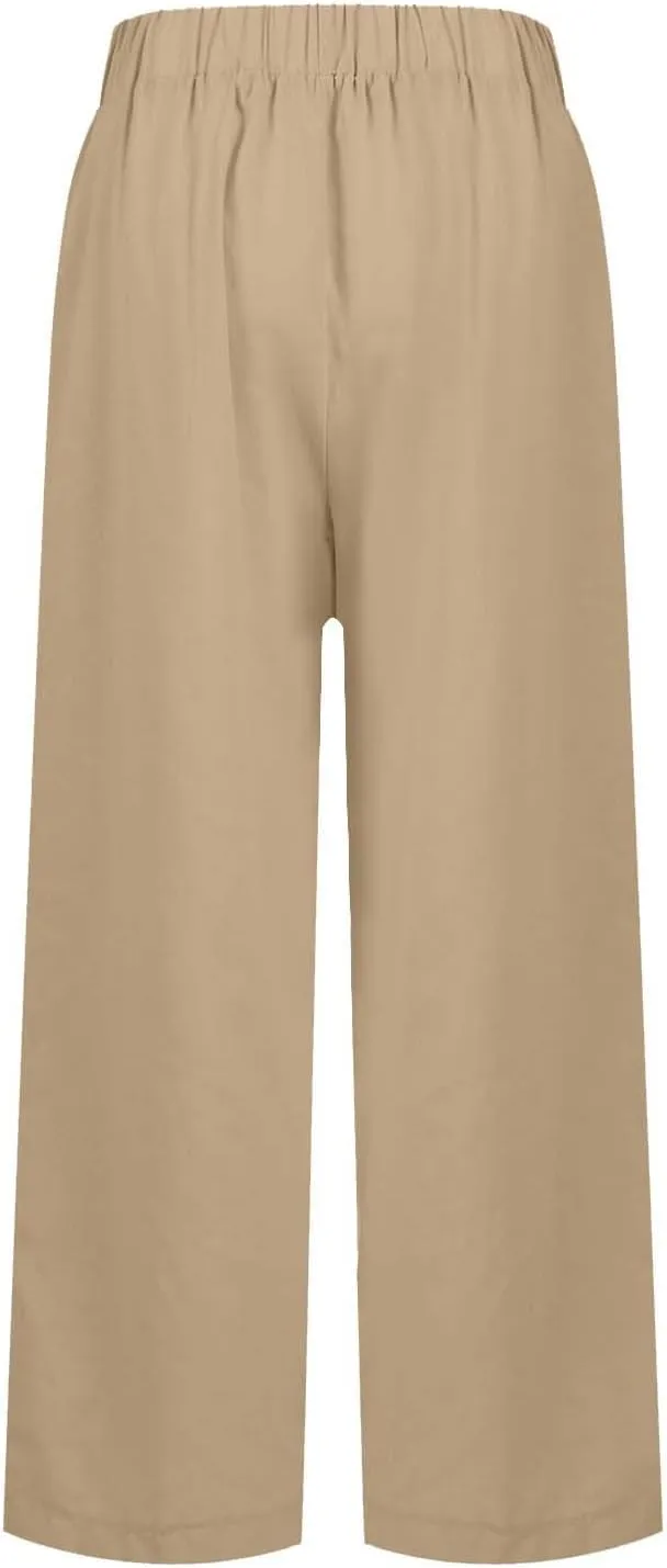 Petite Straight Leg Pants for Women Linen Summer Drawstrings High Waist Trousers with Pockets Lightweight Cropped