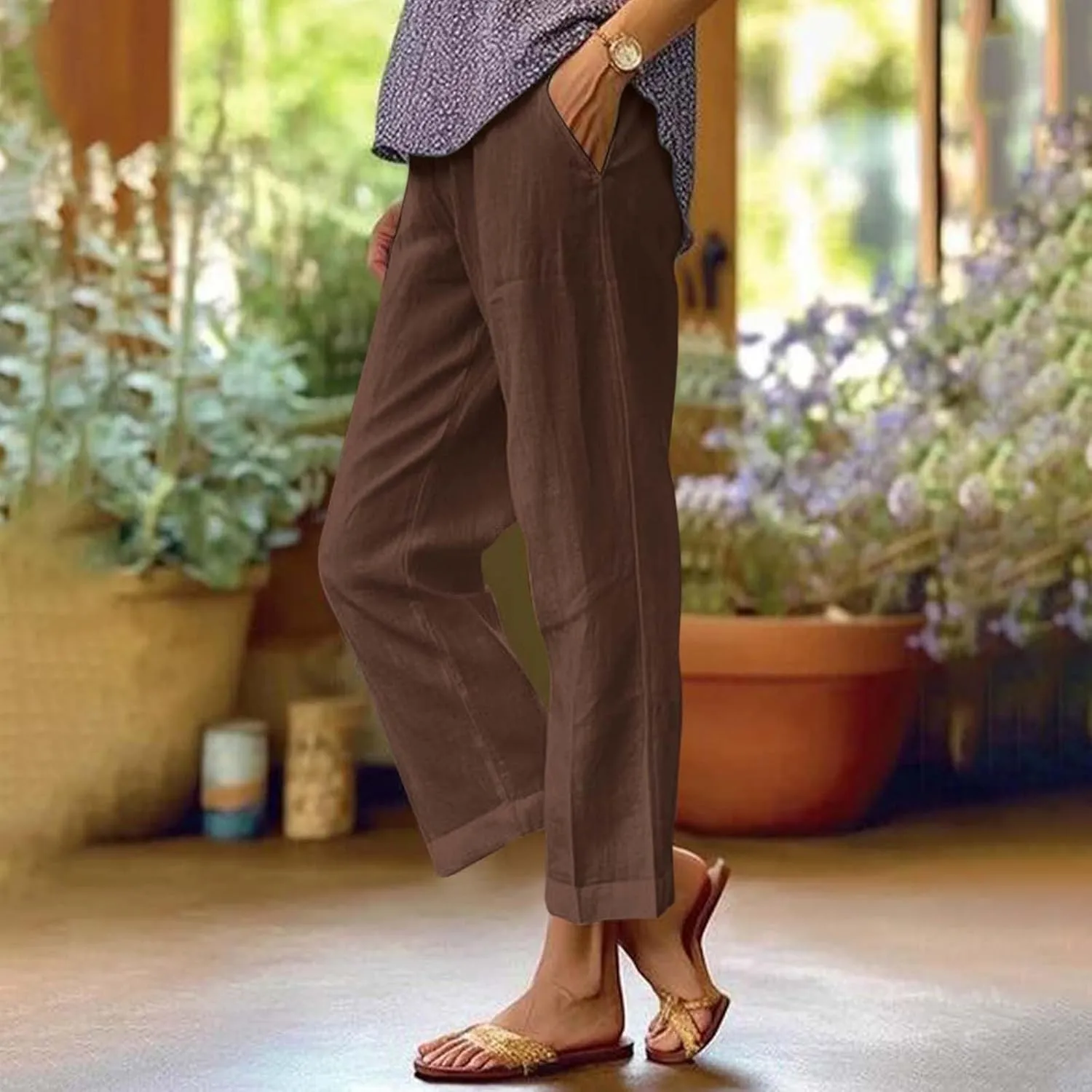 Petite Straight Leg Pants for Women Linen Summer Drawstrings High Waist Trousers with Pockets Lightweight Cropped