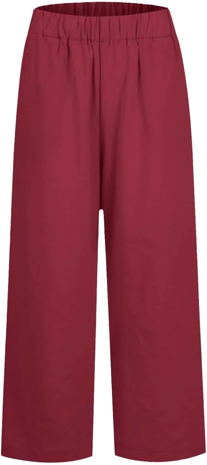 Petite Straight Leg Pants for Women Linen Summer Drawstrings High Waist Trousers with Pockets Lightweight Cropped