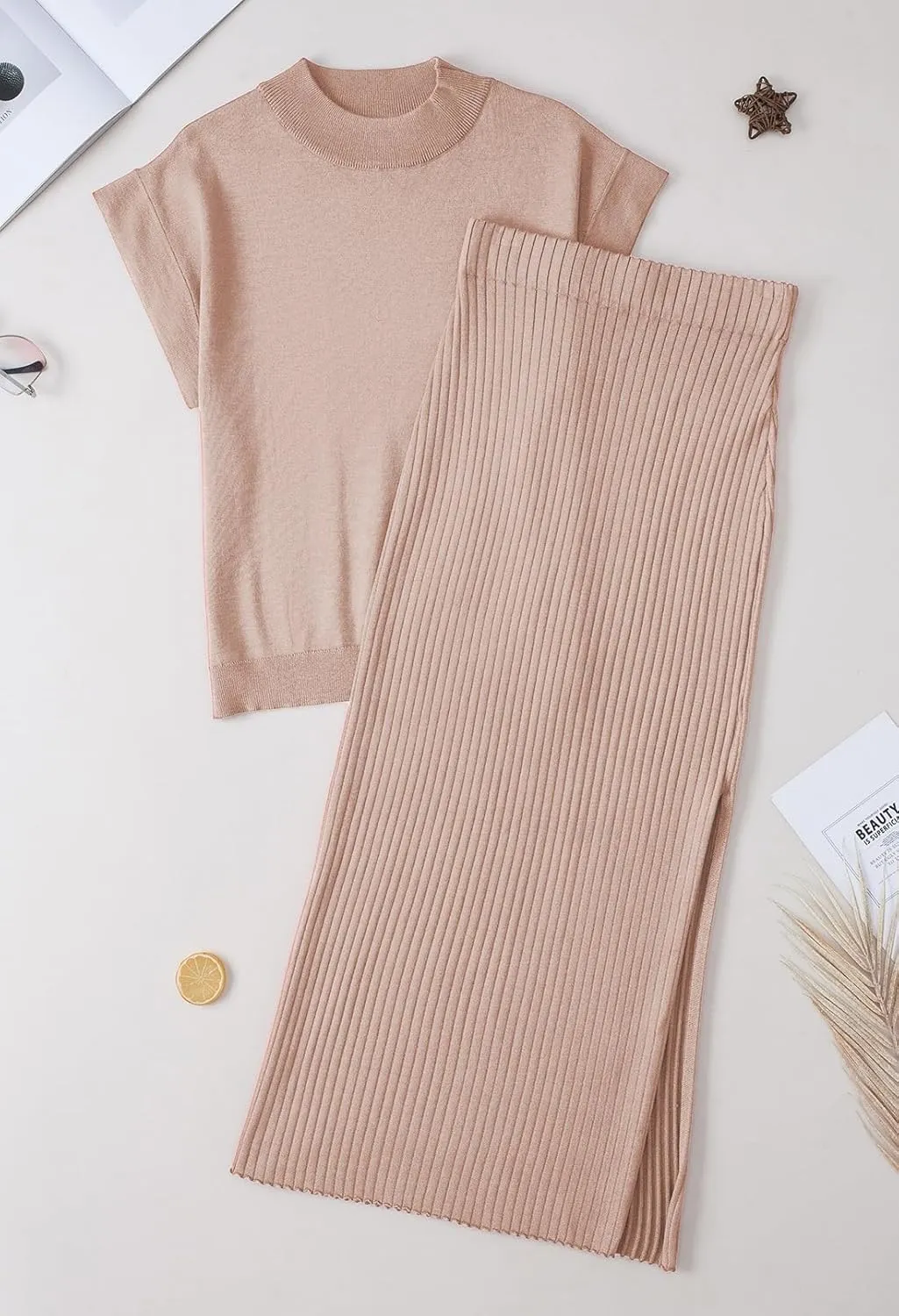 Pink Queen Women's 2 Piece Sweater Outfits Set Summer Cap Sleeve Tops Bodycon Maxi Long Skirt Knit Dresses