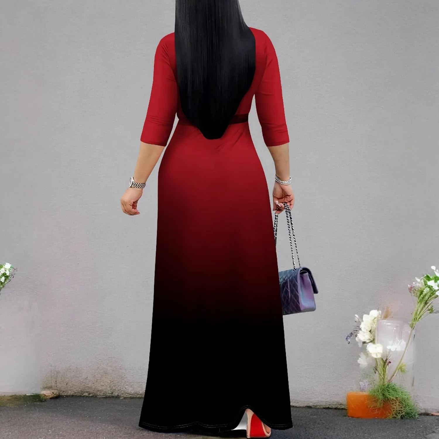 PinkPatty Women's Gradient Maxi Dress 3/4 Sleeves V Neck Cocktail Party Dress Belted Wrap Dresses