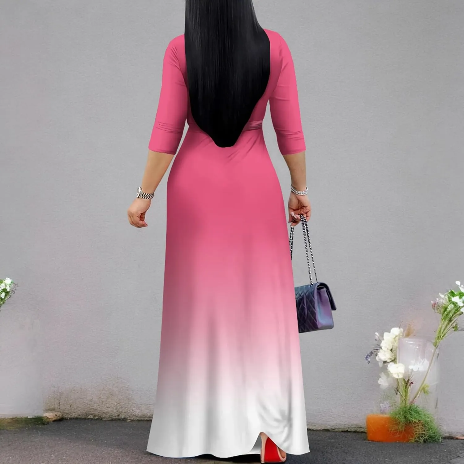 PinkPatty Women's Gradient Maxi Dress 3/4 Sleeves V Neck Cocktail Party Dress Belted Wrap Dresses