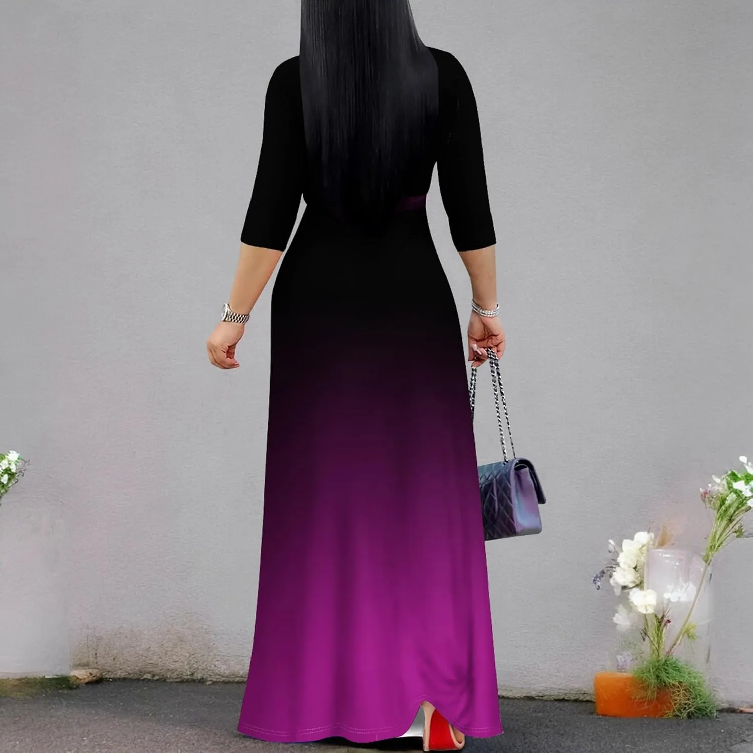 PinkPatty Women's Gradient Maxi Dress 3/4 Sleeves V Neck Cocktail Party Dress Belted Wrap Dresses