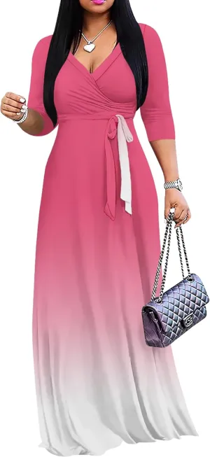 PinkPatty Women's Gradient Maxi Dress 3/4 Sleeves V Neck Cocktail Party Dress Belted Wrap Dresses