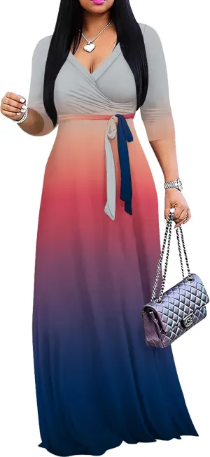 PinkPatty Women's Gradient Maxi Dress 3/4 Sleeves V Neck Cocktail Party Dress Belted Wrap Dresses