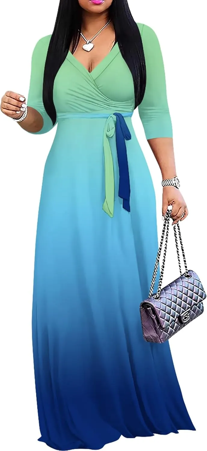 PinkPatty Women's Gradient Maxi Dress 3/4 Sleeves V Neck Cocktail Party Dress Belted Wrap Dresses