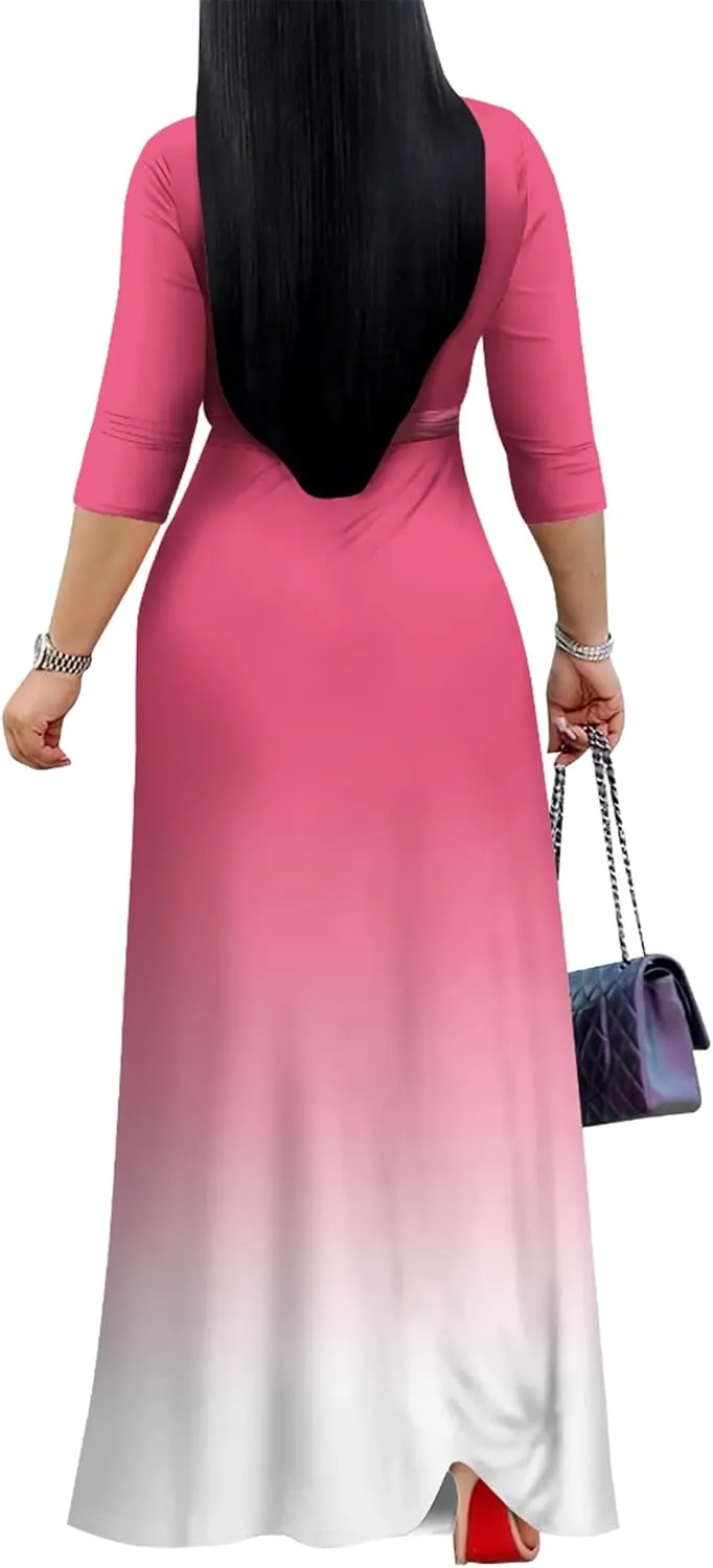 PinkPatty Women's Gradient Maxi Dress 3/4 Sleeves V Neck Cocktail Party Dress Belted Wrap Dresses