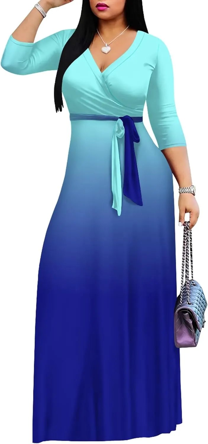 PinkPatty Women's Gradient Maxi Dress 3/4 Sleeves V Neck Cocktail Party Dress Belted Wrap Dresses