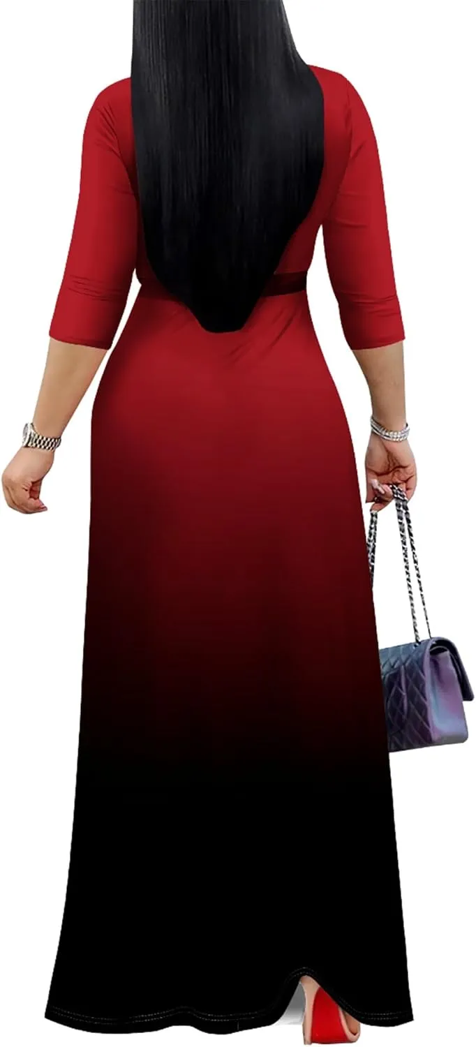 PinkPatty Women's Gradient Maxi Dress 3/4 Sleeves V Neck Cocktail Party Dress Belted Wrap Dresses