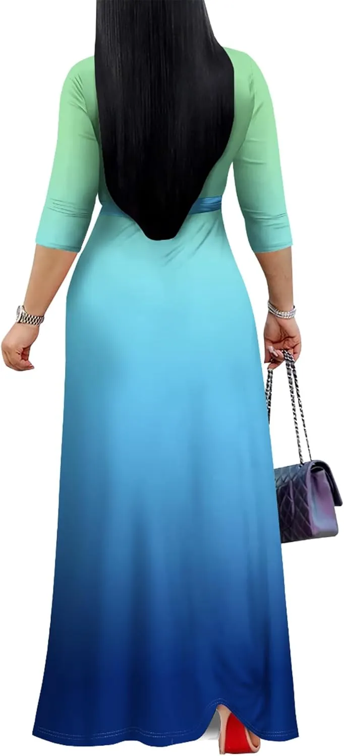 PinkPatty Women's Gradient Maxi Dress 3/4 Sleeves V Neck Cocktail Party Dress Belted Wrap Dresses