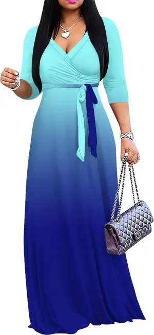 PinkPatty Women's Gradient Maxi Dress 3/4 Sleeves V Neck Cocktail Party Dress Belted Wrap Dresses
