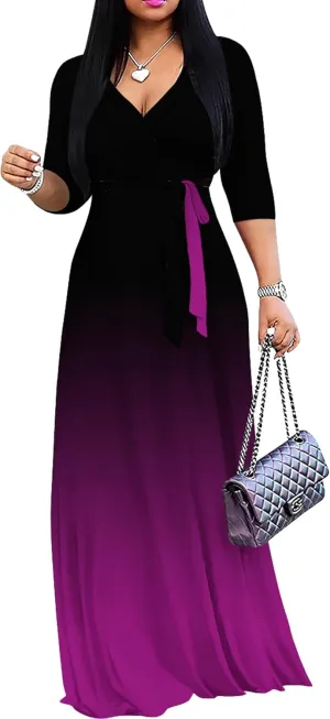 PinkPatty Women's Gradient Maxi Dress 3/4 Sleeves V Neck Cocktail Party Dress Belted Wrap Dresses