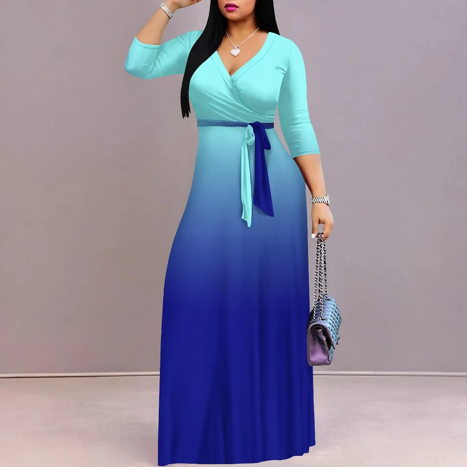 PinkPatty Women's Gradient Maxi Dress 3/4 Sleeves V Neck Cocktail Party Dress Belted Wrap Dresses