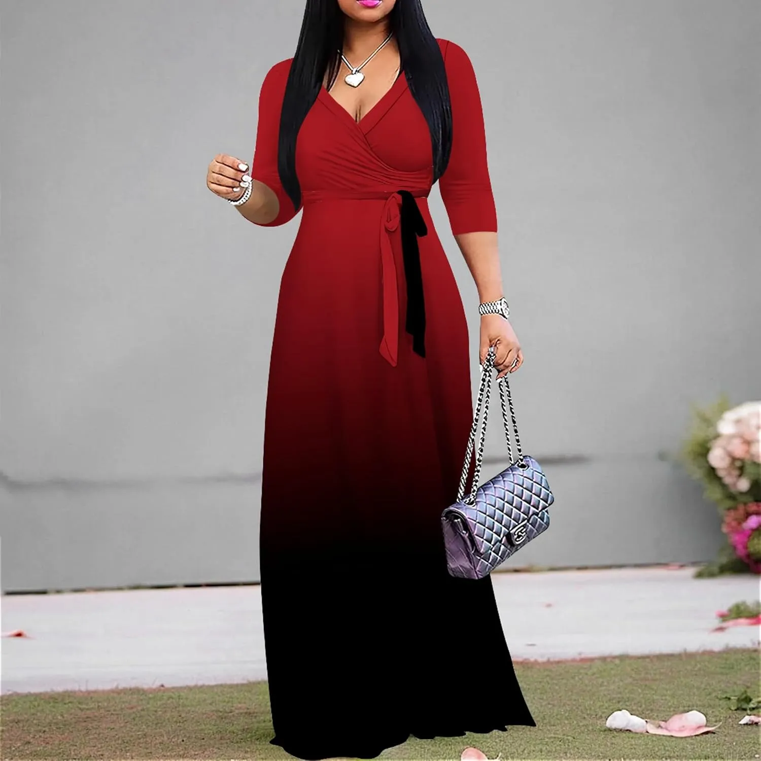 PinkPatty Women's Gradient Maxi Dress 3/4 Sleeves V Neck Cocktail Party Dress Belted Wrap Dresses