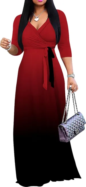 PinkPatty Women's Gradient Maxi Dress 3/4 Sleeves V Neck Cocktail Party Dress Belted Wrap Dresses