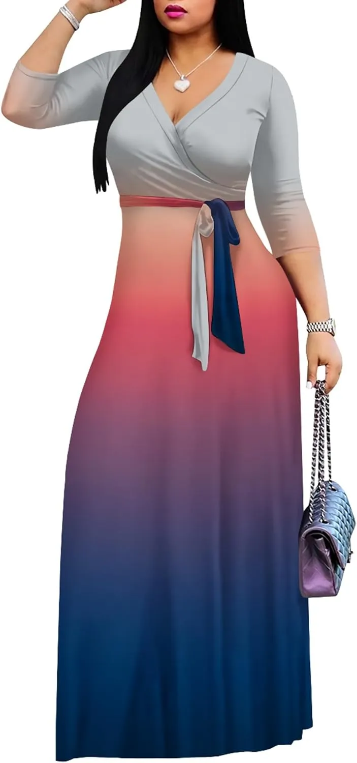PinkPatty Women's Gradient Maxi Dress 3/4 Sleeves V Neck Cocktail Party Dress Belted Wrap Dresses