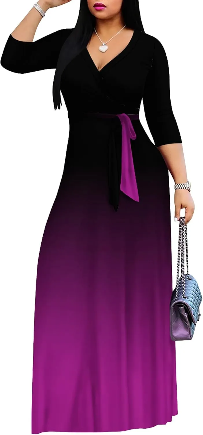 PinkPatty Women's Gradient Maxi Dress 3/4 Sleeves V Neck Cocktail Party Dress Belted Wrap Dresses