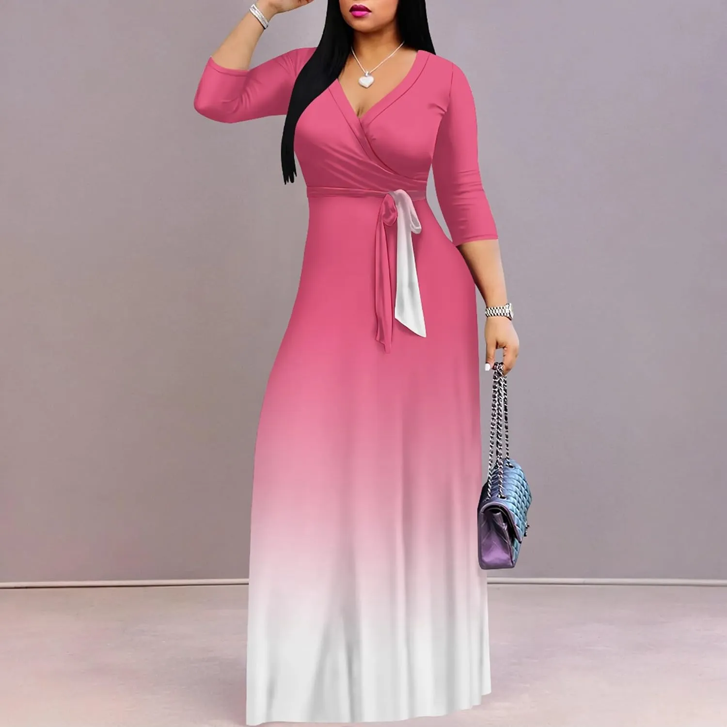 PinkPatty Women's Gradient Maxi Dress 3/4 Sleeves V Neck Cocktail Party Dress Belted Wrap Dresses