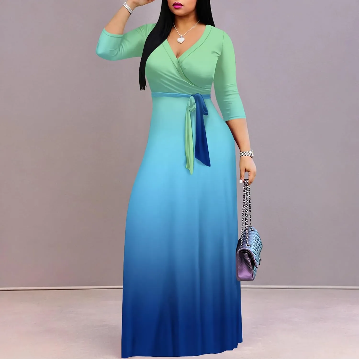 PinkPatty Women's Gradient Maxi Dress 3/4 Sleeves V Neck Cocktail Party Dress Belted Wrap Dresses