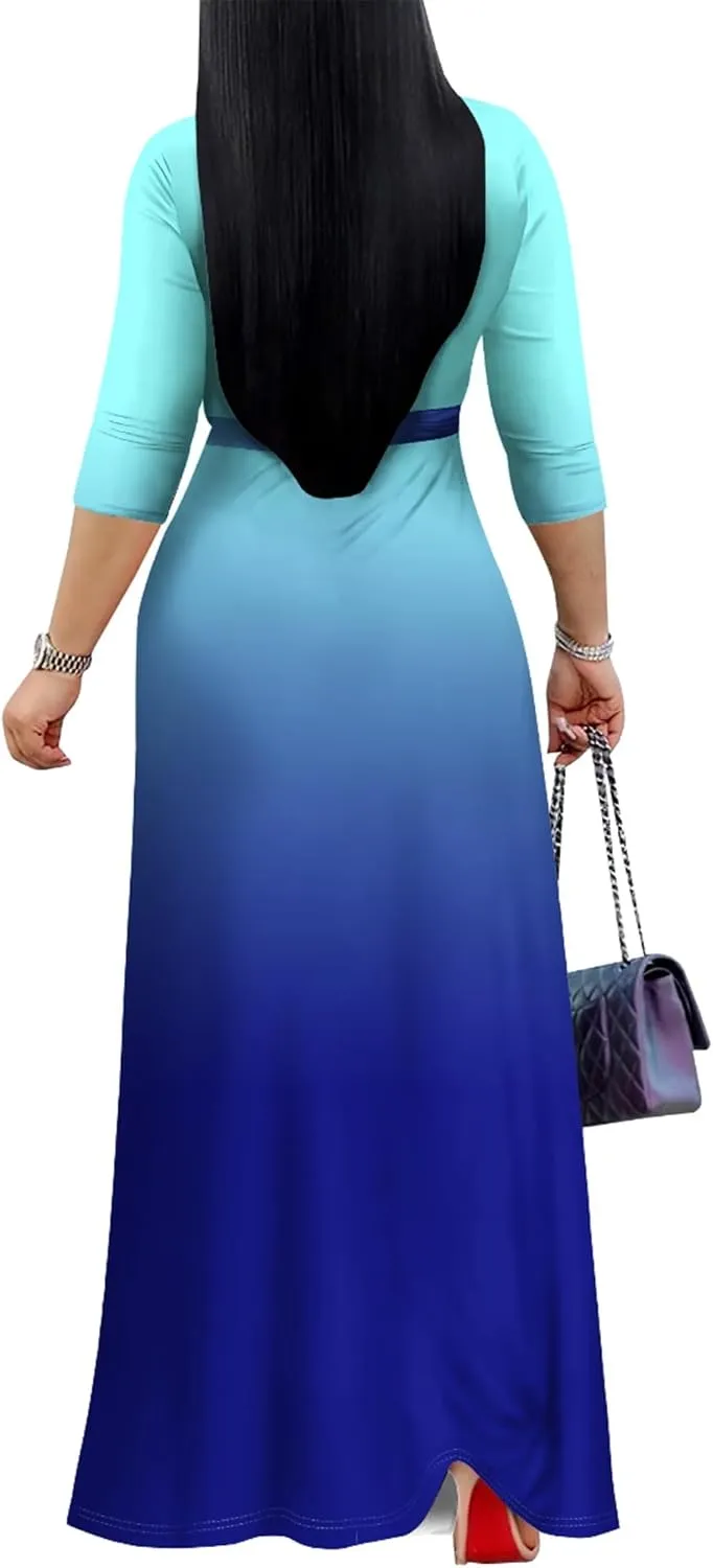 PinkPatty Women's Gradient Maxi Dress 3/4 Sleeves V Neck Cocktail Party Dress Belted Wrap Dresses