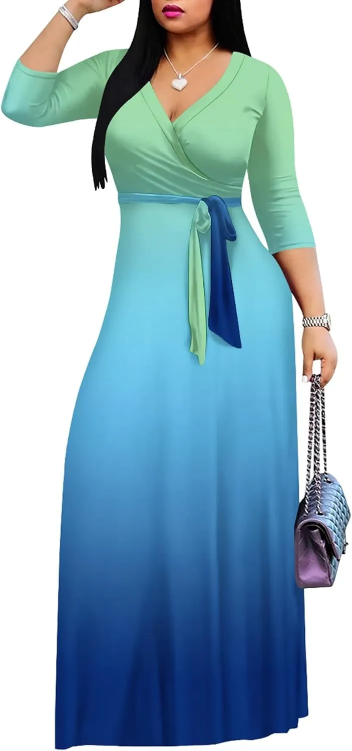 PinkPatty Women's Gradient Maxi Dress 3/4 Sleeves V Neck Cocktail Party Dress Belted Wrap Dresses